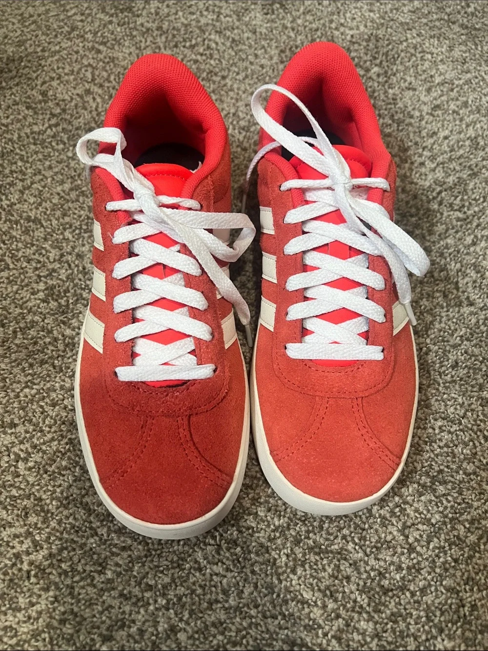 NEW, never worn Adidas Kids Red Suede Sneakers with White Stripes